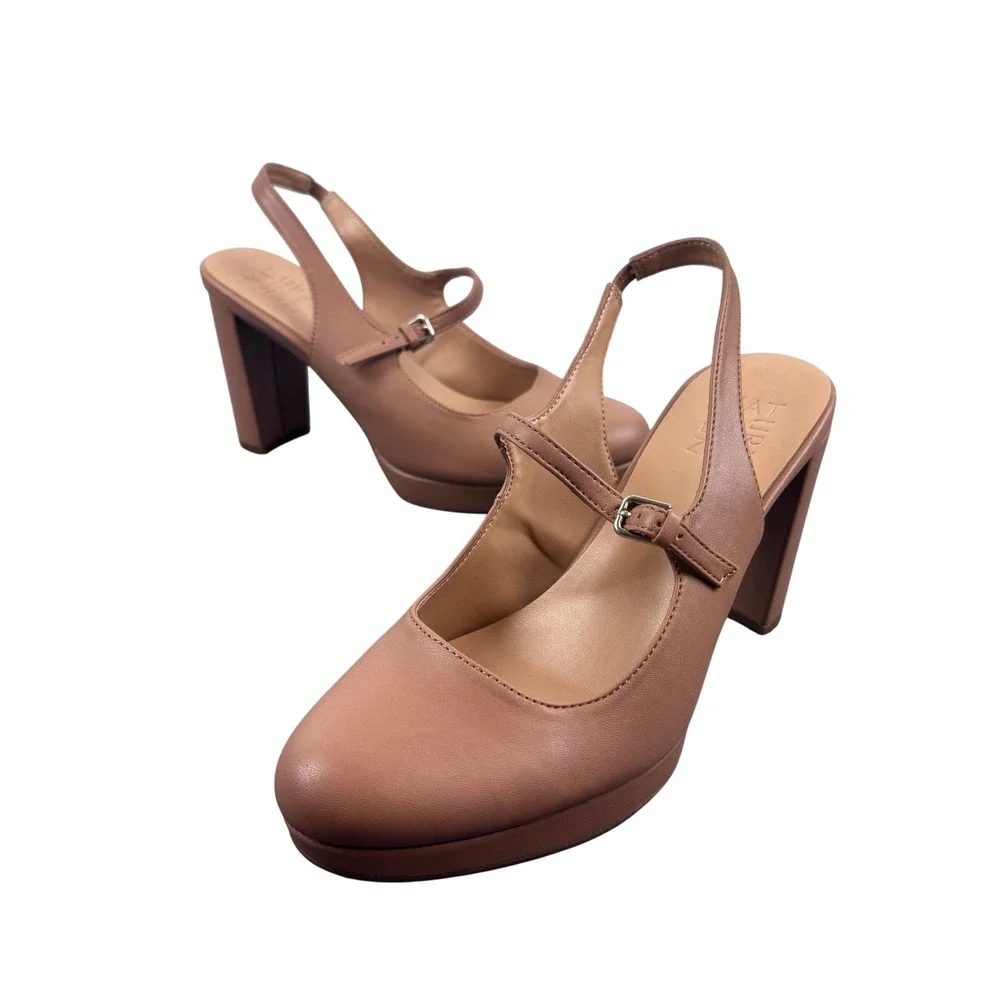 Naturalizer Berlin SL Platform Pumps Womens 7.5W Tan Block Heel Slingback Shoe